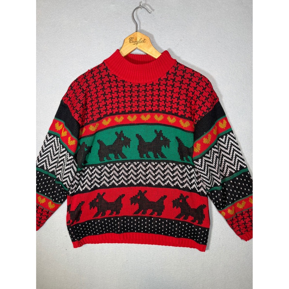 Vintage Adele Knitwear Scottie Dog Heart Fair Isle Mock Neck Sweater Red USA 80s